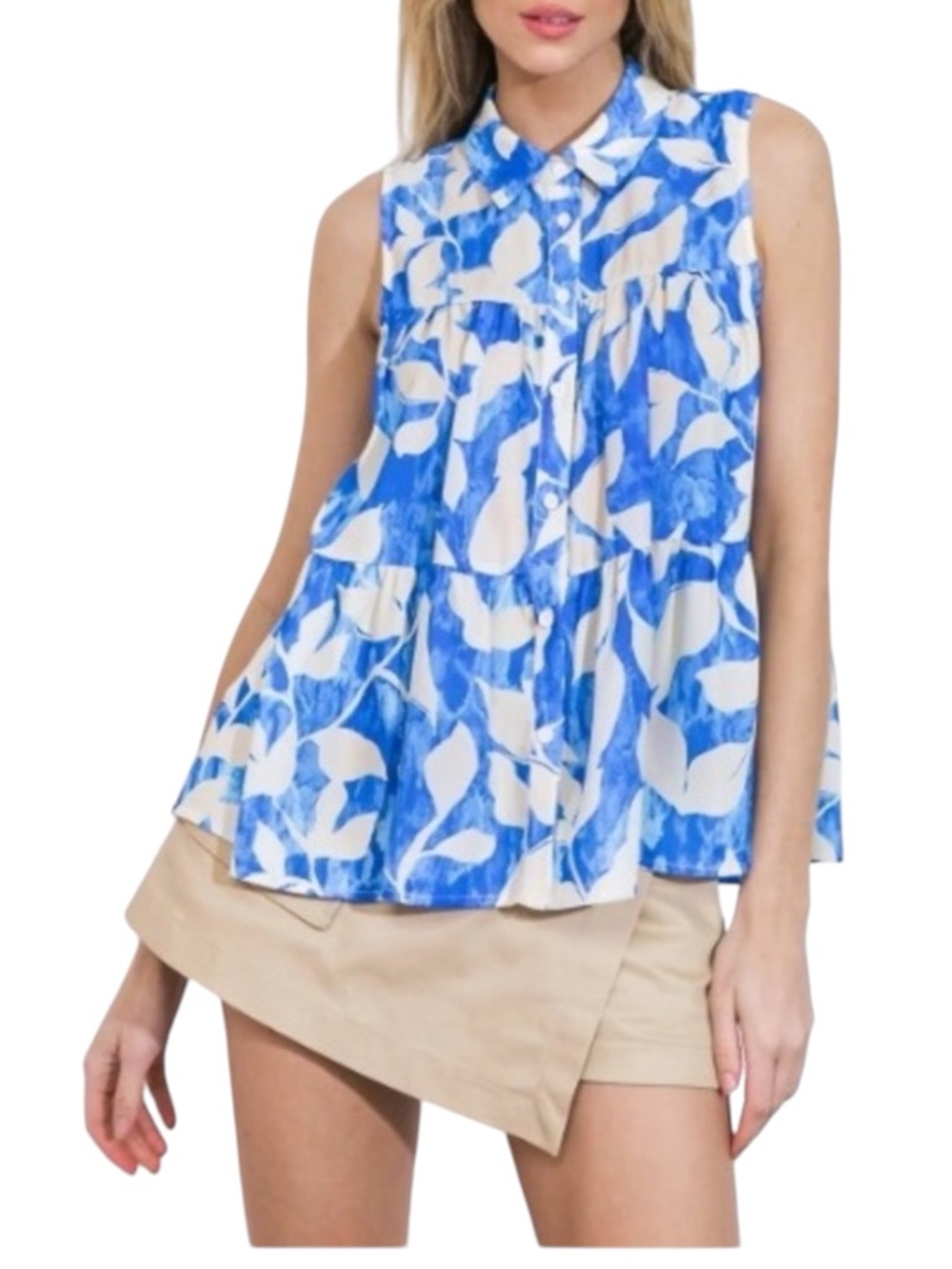 Flying Tomato Tropical Sleeveless Tiered Blouse Top Womens Large Blue‎ White